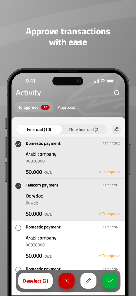 Gulf Bank Corporate Mobile App - Una pantalla móvil que muestra las aprobaciones de transacciones pendientes para pagos nacionales y de telecomunicaciones dentro de la interfaz de la aplicación corporativa de Gulf Bank
