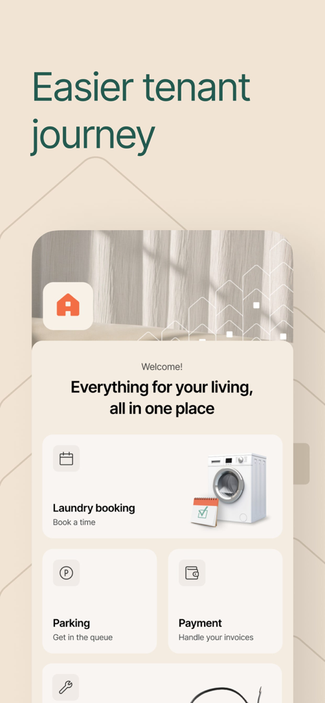 Avy resident app interface showing laundry booking parking and payment options for tenants