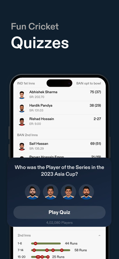 CREX - Just Cricket - Uma interface de aplicativo móvel exibindo uma pergunta de quiz de críquete sobre o Jogador da Série da Copa da Ásia de 2023 com um botão Jogar Quiz.