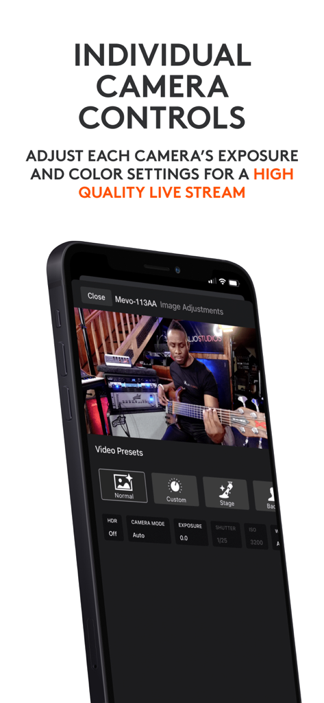 Logitech Mevo Multicam - モバイルインターフェース。高品質ライブストリーミングのための個々のカメラ露出とカラー設定を表示しています。