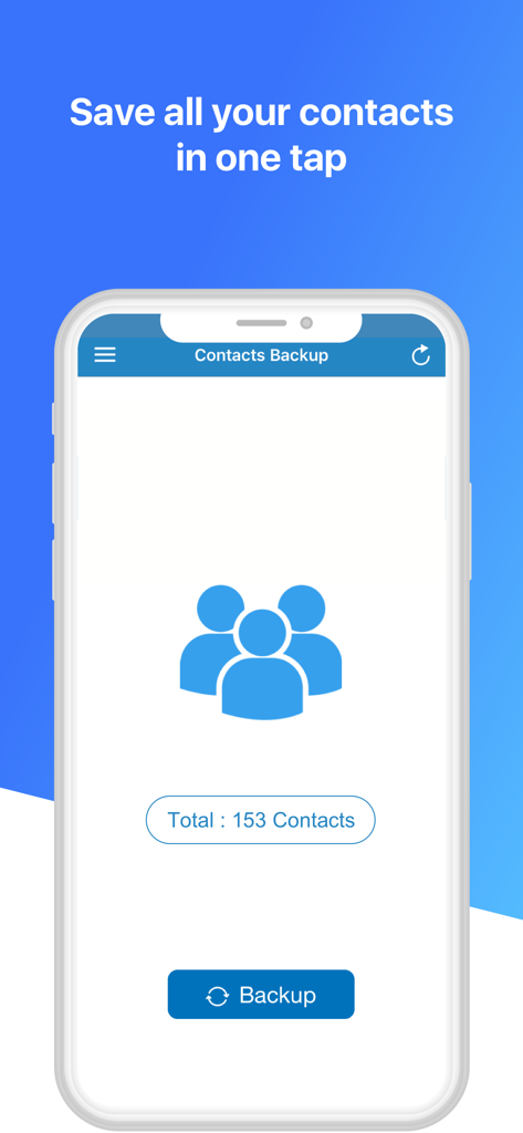 Interface of the Contacts Backup Pro app on an iPhone showing a simple one tap button to backup 153 contacts.