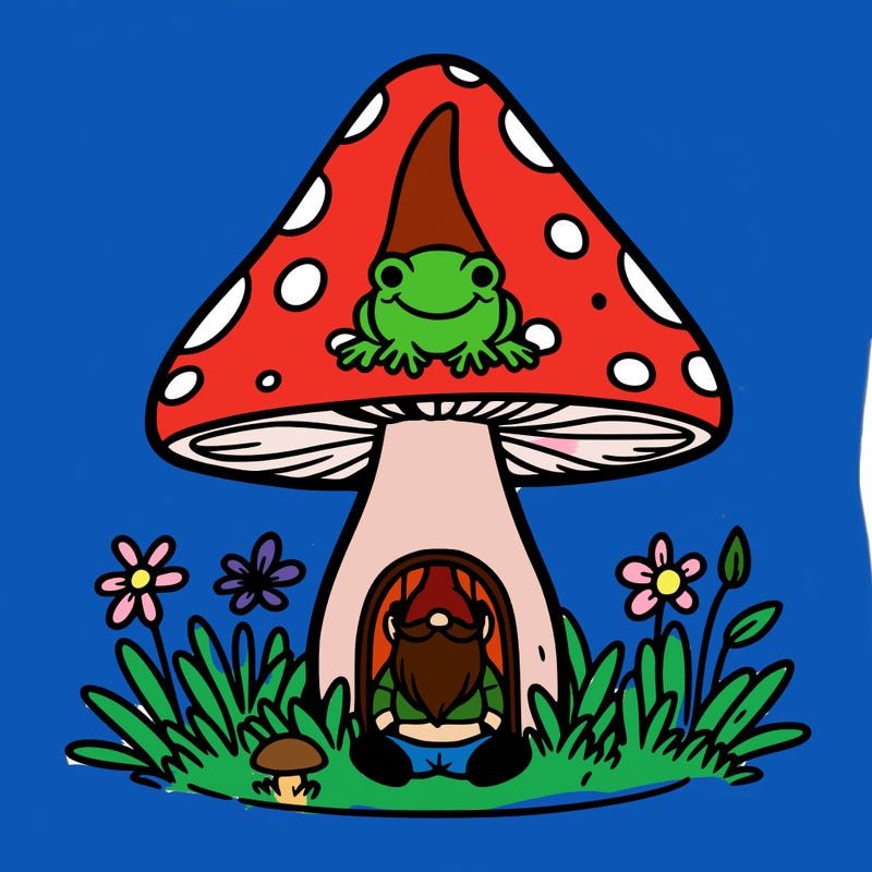 mushroom with gnome living imside and a frog sitting on top