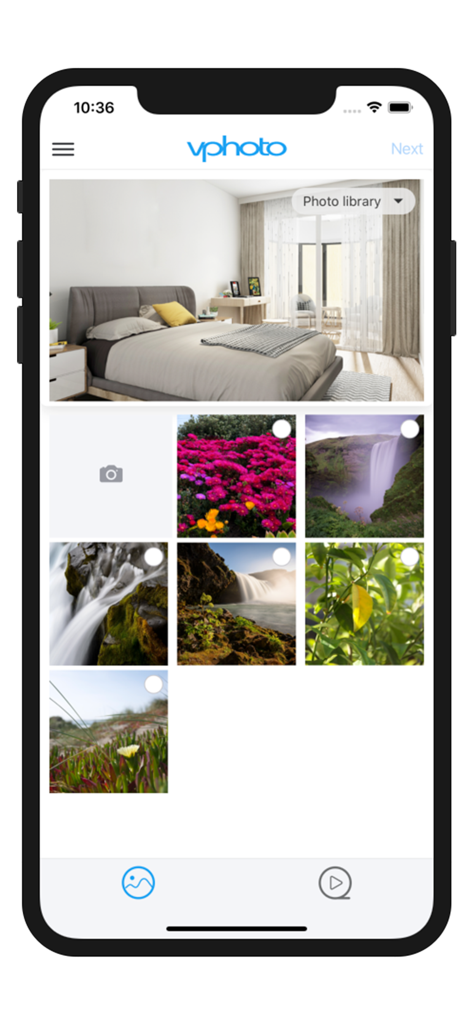 VPhoto - Pantalla de selección de fotos de la aplicación VPhoto para compartir en el marco de la nube