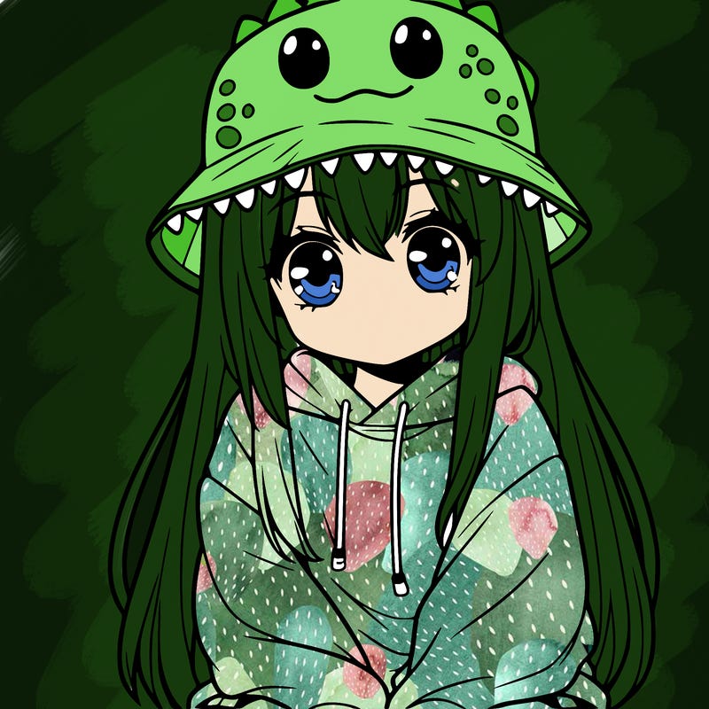 girl with anime shaped eyes with a dinosaur bucket hat oversized sweatshirt long straight hair