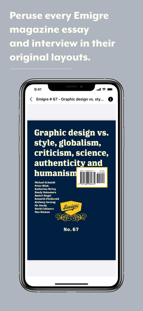 Emigre Fonts - Smartphone displaying an original layout from Emigre magazine in the Emigre Fonts app