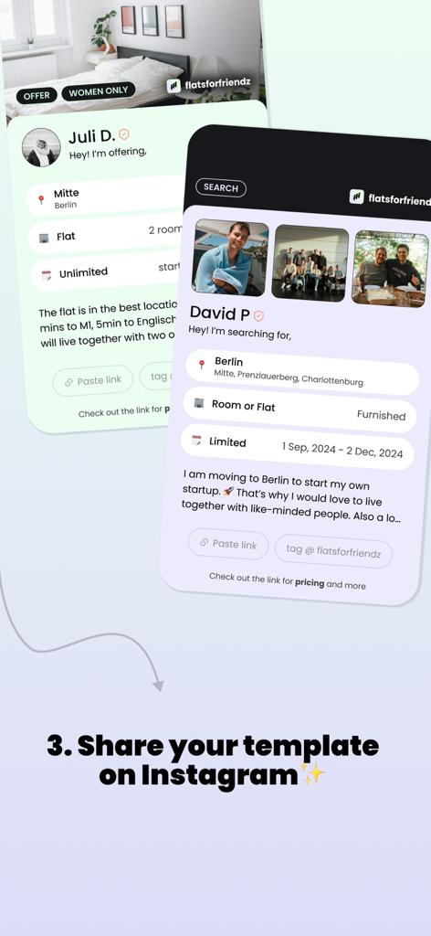 Mobile App-Bildschirme, die Vorlagen zum Teilen von Wohnungsangeboten und Mitbewohnersuchen auf Instagram zeigen
