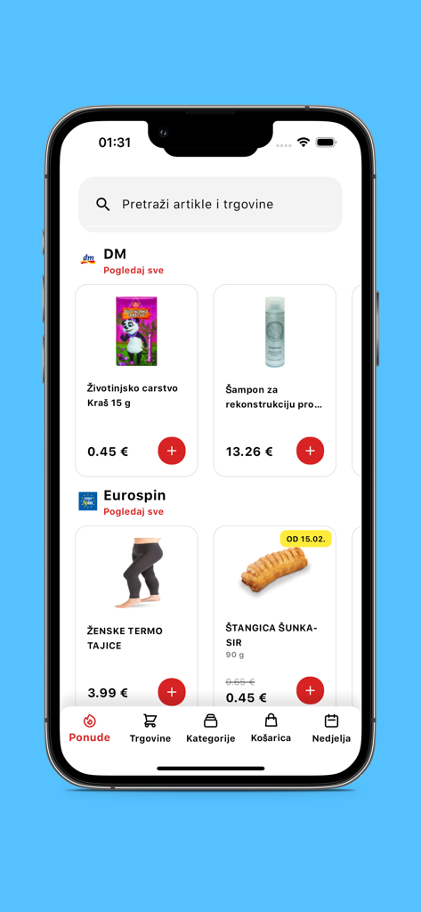 Screenshot of the Kosarica mobile app showing a variety of retail deals and prices from different stores.