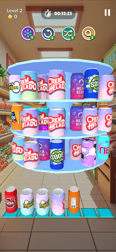 Jugabilidad de Goods Triple Match 3D mostrando latas de refresco coloridas en un estante giratorio en un entorno de supermercado