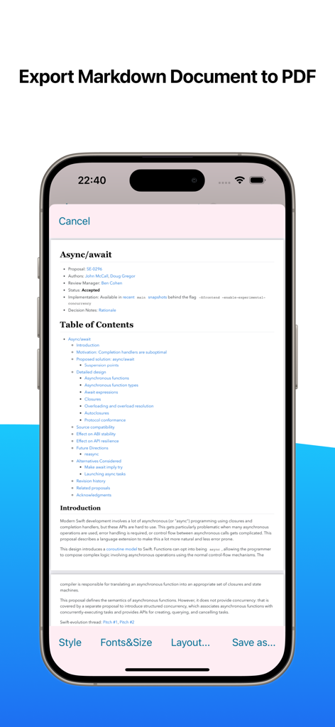 One Markdown - Smartphone interface showing One Markdown app exporting a technical document to PDF format