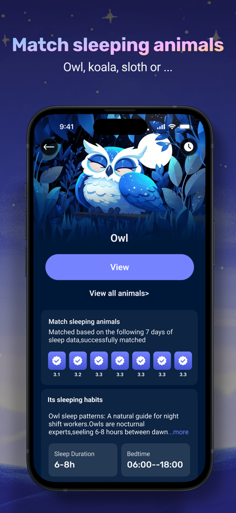 Sleep animal profile screen in the SleepTracker app matching sleep patterns to an owl illustration.