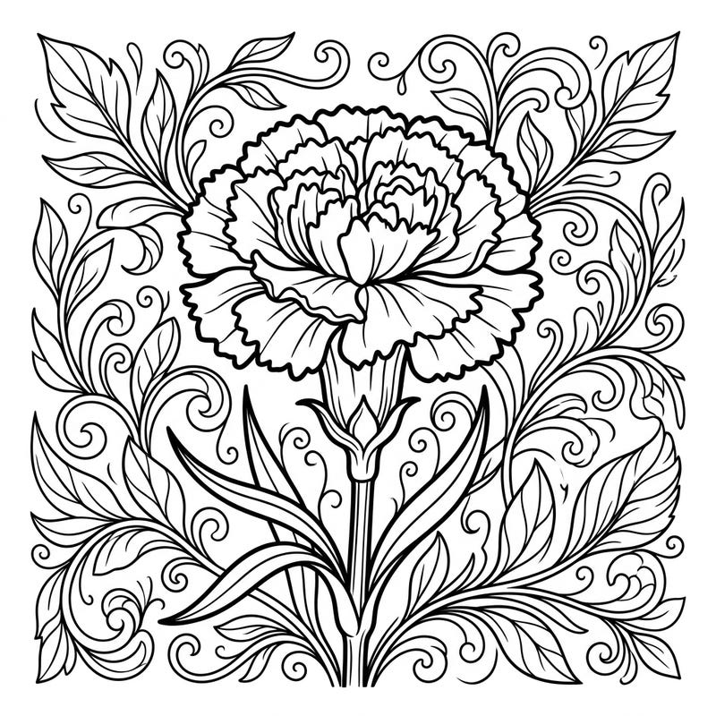 Discover the delicate beauty of our Single Carnation Flower coloring page, an exquisite piece of botanical line art designed to inspire calm and creativity. This detailed illustration offers a perfect escape for nature lovers and coloring enthusiasts alike.
