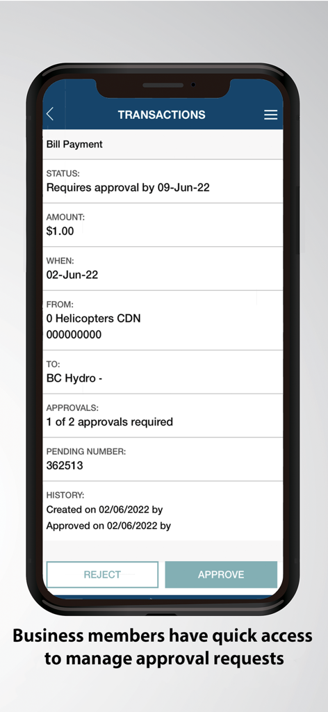 Island Savings Mobile Banking - Island Savings mobile banking app interface showing a business bill payment approval request for BC Hydro.