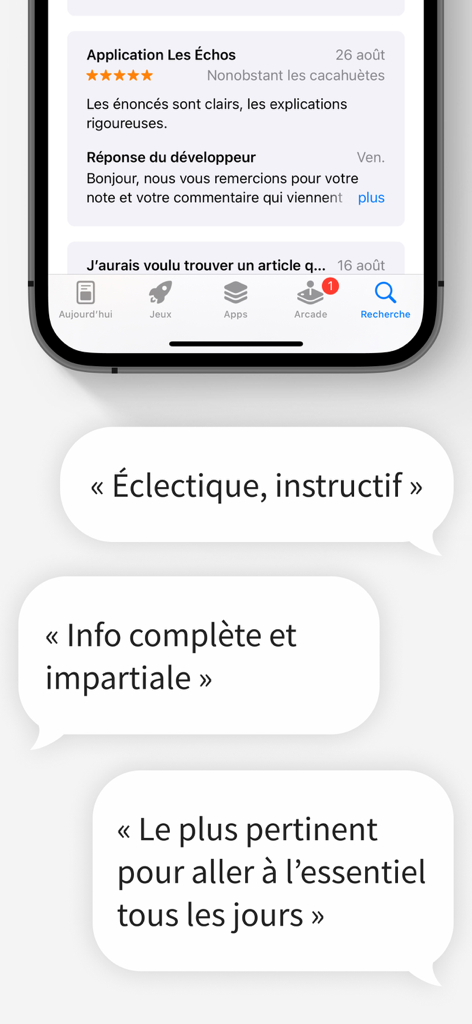 Écran de smartphone affichant des avis d'utilisateurs positifs sur l'application Les Echos, dans des bulles de dialogue en français.