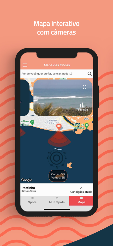 SurfConnect app showing an interactive map with live HD surf cameras and wave reports.