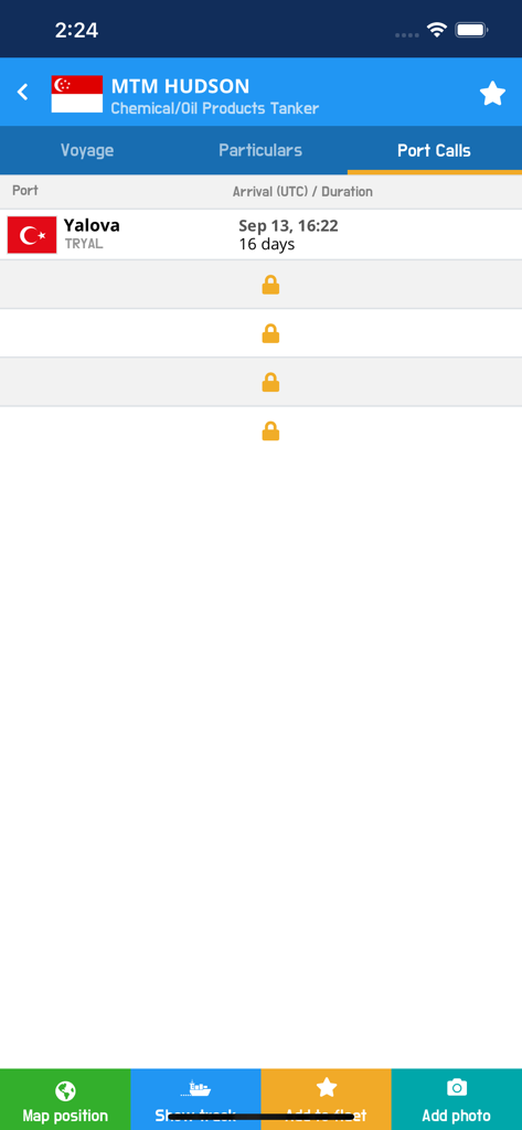 VesselFinder Lite - VesselFinder Liteアプリの画面。MTM HUDSONタンカーの寄港履歴を表示しています。ヤロヴァへの到着が含まれています。