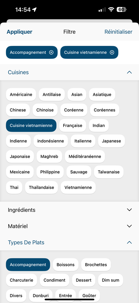 Cuisine Asiatique Maison - Pantalla de filtros para recetas en la aplicación Cocina Asiática Casera mostrando diferentes tipos de cocina y categorías de comidas