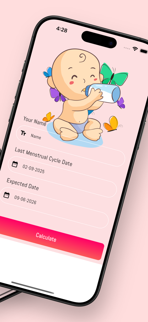 Pregnancy - Baby Tracker App - Pantalla de configuración de la aplicación Rastreador de Embarazo y Bebé con campos para el nombre y la fecha de parto