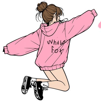 realistic girl jumping with a bun and oversized sweatshirt