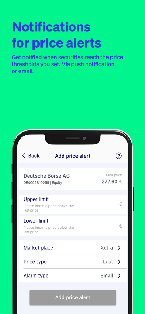 Deutsche Börse - Smartphone displaying the Deutsche Boerse app price alert configuration screen for setting stock price thresholds