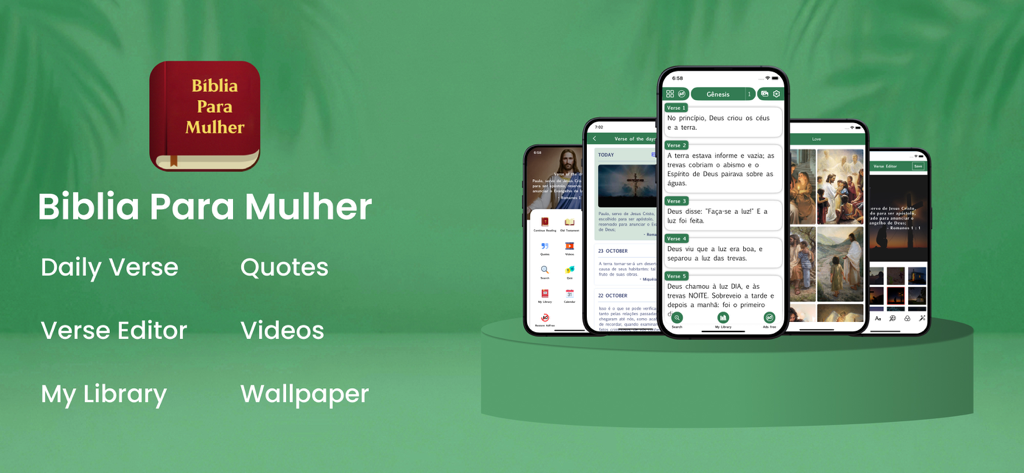 Banner promocional do aplicativo Bíblia Para Mulher mostrando Citações de Versículos Diários e recursos do Editor de Versículos