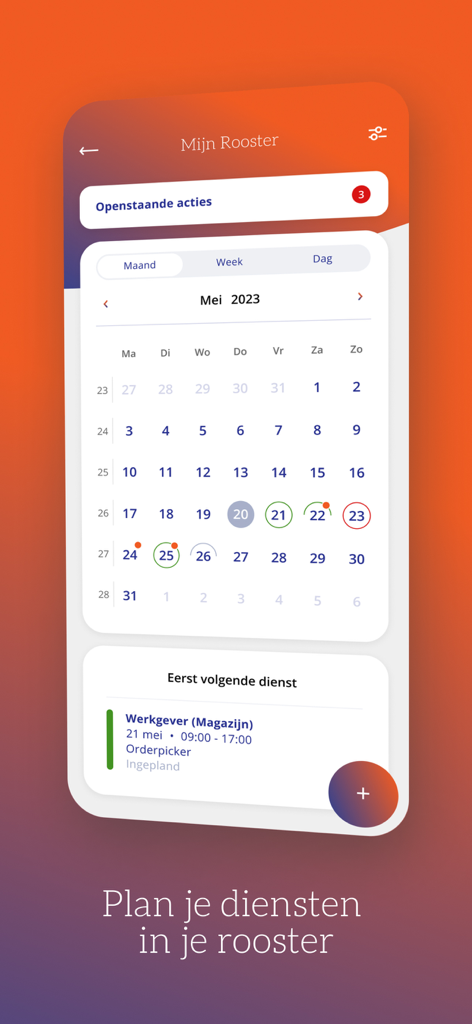 Olympia app - Uma interface móvel mostrando um calendário de trabalho mensal e próximos turnos no aplicativo Olympia.