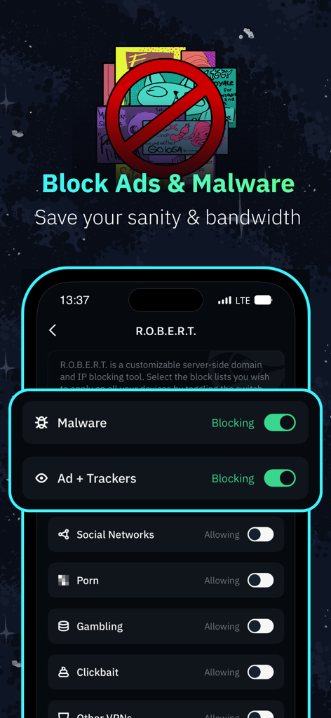 広告やマルウェアをブロックするR.O.B.E.R.T.機能を表示したWindscribe VPNアプリのインターフェース