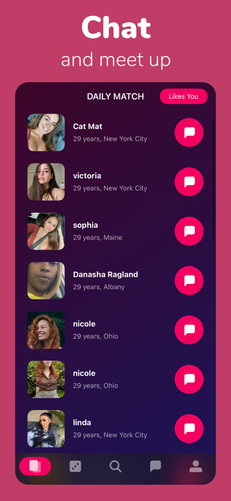 Lista de coincidencias diarias en la aplicación de citas Flercha que muestra perfiles de usuario y ubicaciones