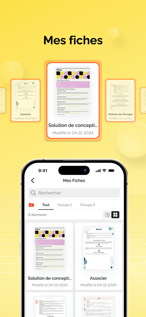 Partielo - Fiche de révision - Interface of the Partielo app showing a library of digital study cards.