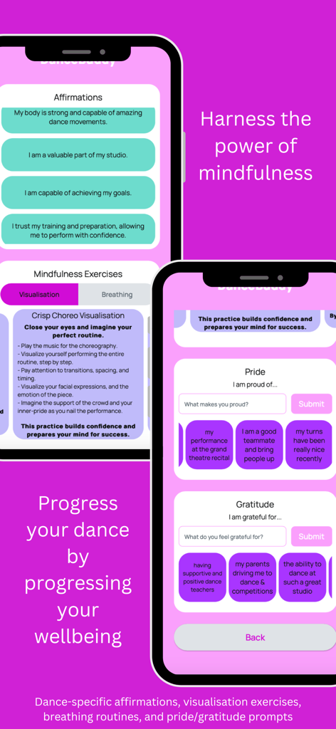 DanceBuddy app screens for dance affirmations and mindfulness exercises