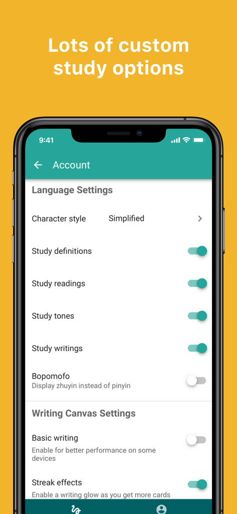 A mobile interface showing customizable language and study settings for learning Chinese in the Skritter app