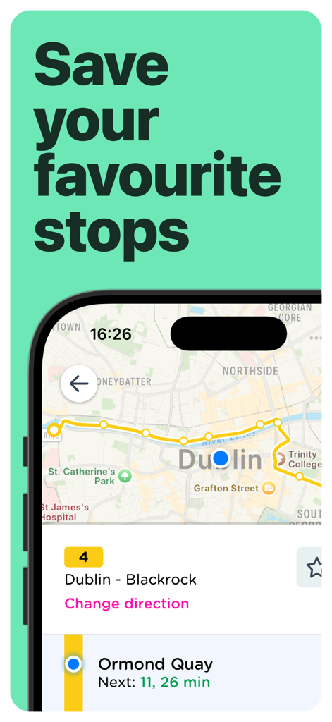 Dublin Bus & DART Times - Dublin Bus and DART Times app interface showing a map of Dublin and a feature to save favorite transit stops