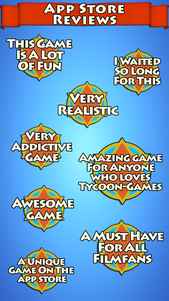 Positive App Store reviews highlighting the realistic and addictive gameplay of Hollywood Studios Tycoon Game