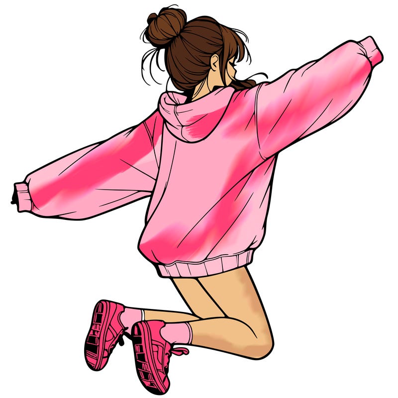 realistic girl jumping with a bun and oversized sweatshirt