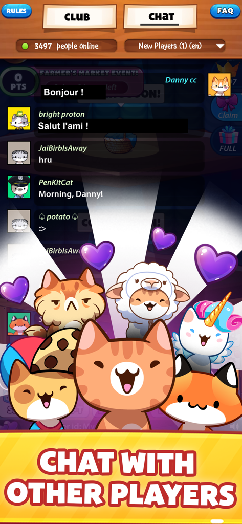 Cat Game - The Cats Collector! - Una captura de pantalla colorida de la función de chat de Cat Game donde los jugadores pueden comunicarse entre sí junto a ilustraciones de lindos gatos de dibujos animados.