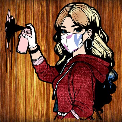 realistic girl with mask spray painting a wall