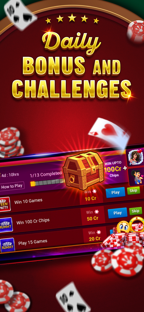 Teen Patti Gold daily bonus and challenges screen showing missions and chip rewards