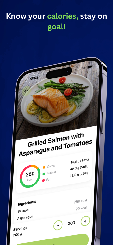 KCal - Calorie Tracker AI - Un smartphone que muestra la aplicación KCal con un desglose nutricional de salmón a la parrilla que incluye calorías y macros
