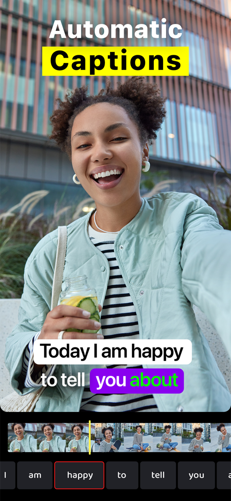 Interfaz de una aplicación móvil que muestra la generación automática de subtítulos en un vídeo selfie para creadores de redes sociales