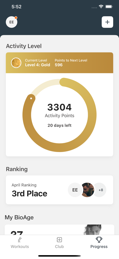 Places Fitness - Places Fitness app progress screen showing activity levels activity points and monthly ranking