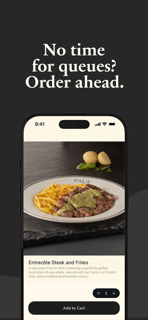 Mobile app interface of Paul Arabia showing a French Entrecote Steak and Frites dish with an order ahead feature.