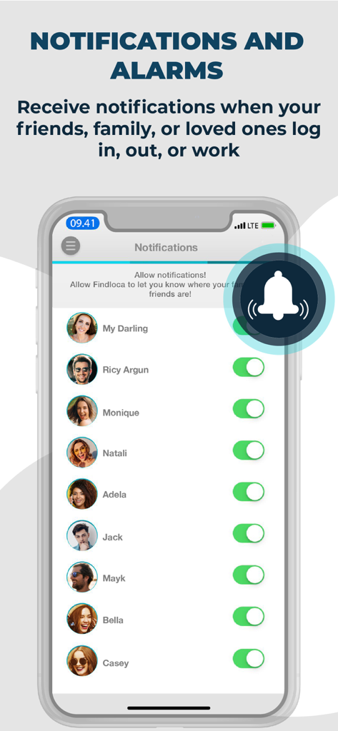 Find Loca mobile app screen for managing location alerts and notifications for family members