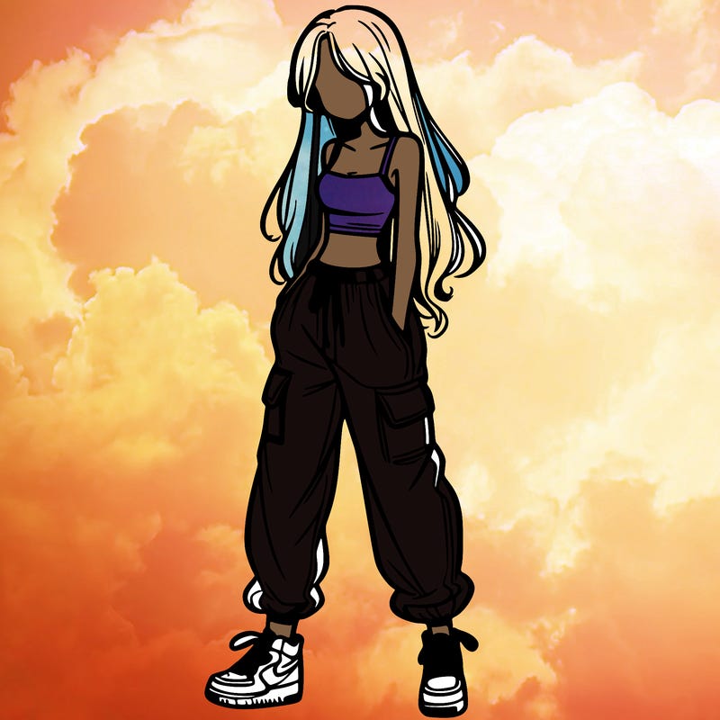 girl in baggy pants crop top and long hair