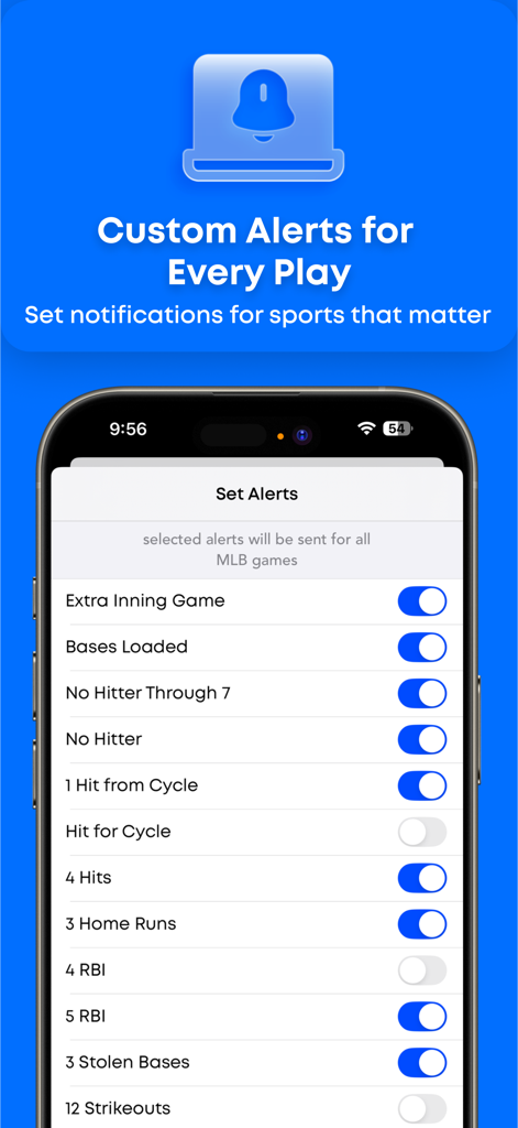 Pantalla de iPhone que muestra configuraciones de notificación personalizadas granulares para partidos de la MLB en la aplicación Alertas Deportivas