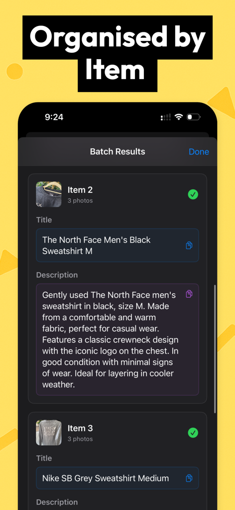 Screenshot of the PreLoved AI app showing batch processing results with automatically generated titles and descriptions for clothing items.