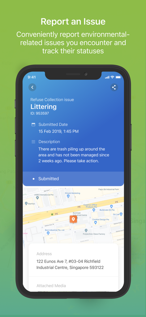 myENV - Screenshot of myENV app showing a report for littering including status and location map