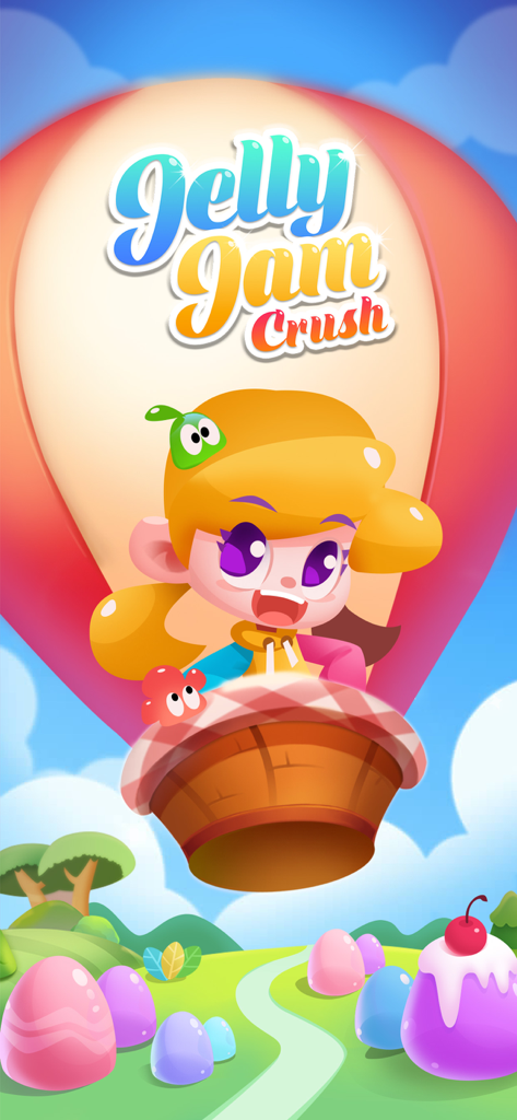 Jelly Jam Crush - Match 3 Game - A cartoon girl in a hot air balloon flying over a colorful candy landscape with the Jelly Jam Crush logo