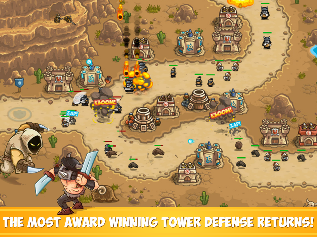 Kingdom Rush Frontiers TD HD - Jugabilidad de Kingdom Rush Frontiers TD HD mostrando torres y héroes defendiendo un camino desértico contra enemigos