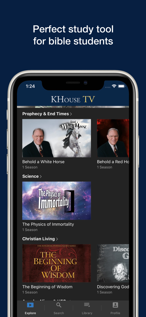 KHouse TV - Interface de l'application KHouse TV montrant des catégories vidéo pour la science de la prophétie et la vie chrétienne pour les étudiants de la Bible