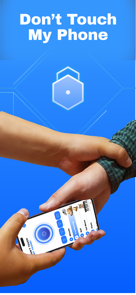 Don't Touch My Phone Guard - Une personne attrapant le poignet de quelqu'un pour l'empêcher de prendre un smartphone avec une application d'alarme antivol active.
