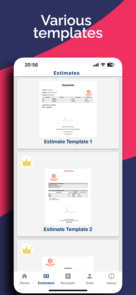 Receipt Creator & Estimate App - Pantalla de la aplicación móvil que muestra varias plantillas de presupuestos profesionales para propietarios de pequeñas empresas.